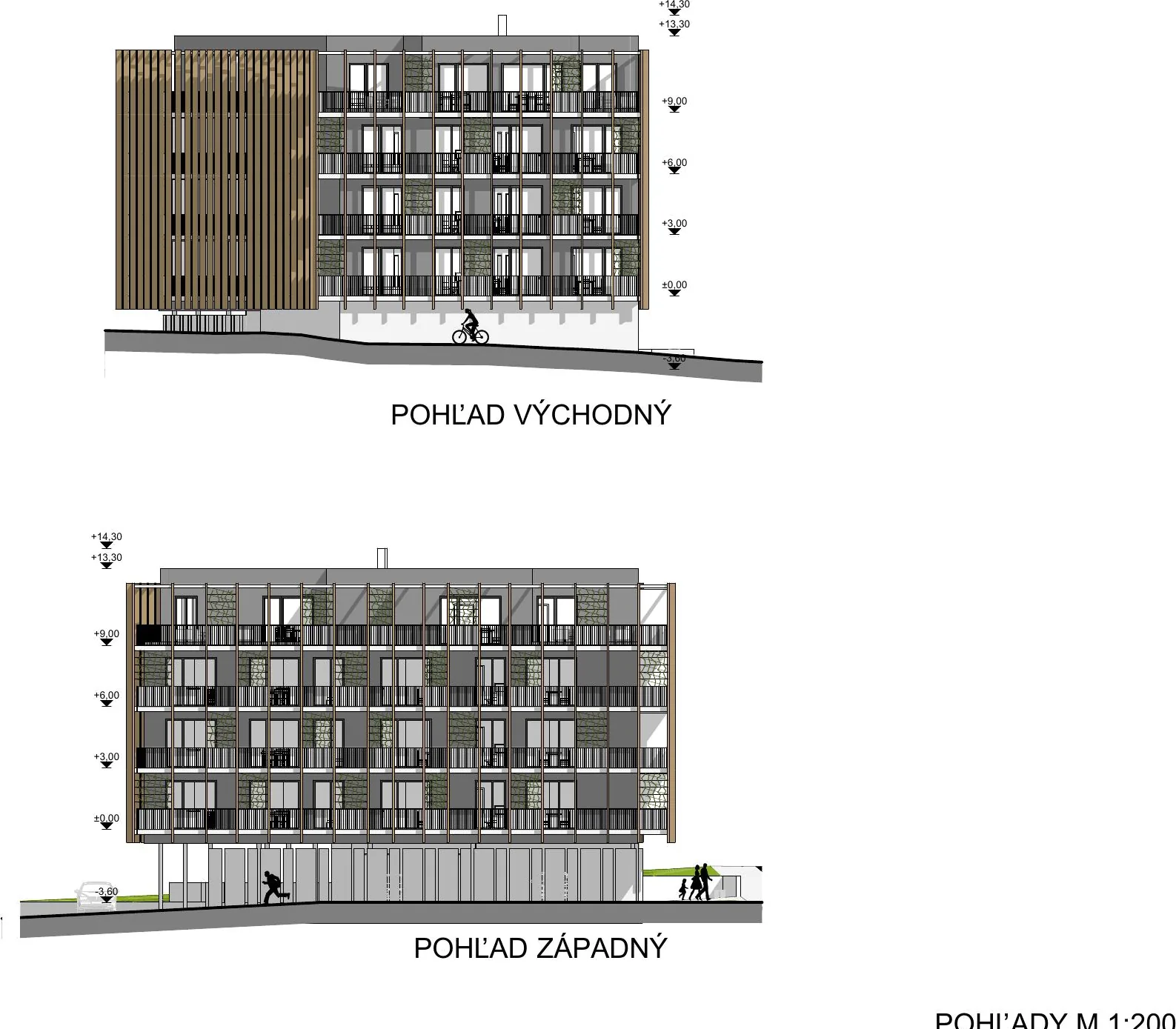 Architektonické pohľady na východnú a západnú fasádu bytového domu Borievky